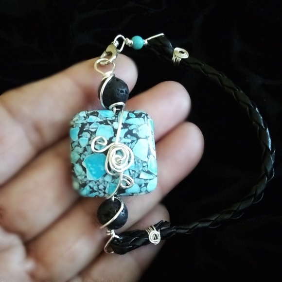 NatureLoversJewelry Jewelry - OOAK Brecciated Turquoise + Leather Bracelet 7-8"